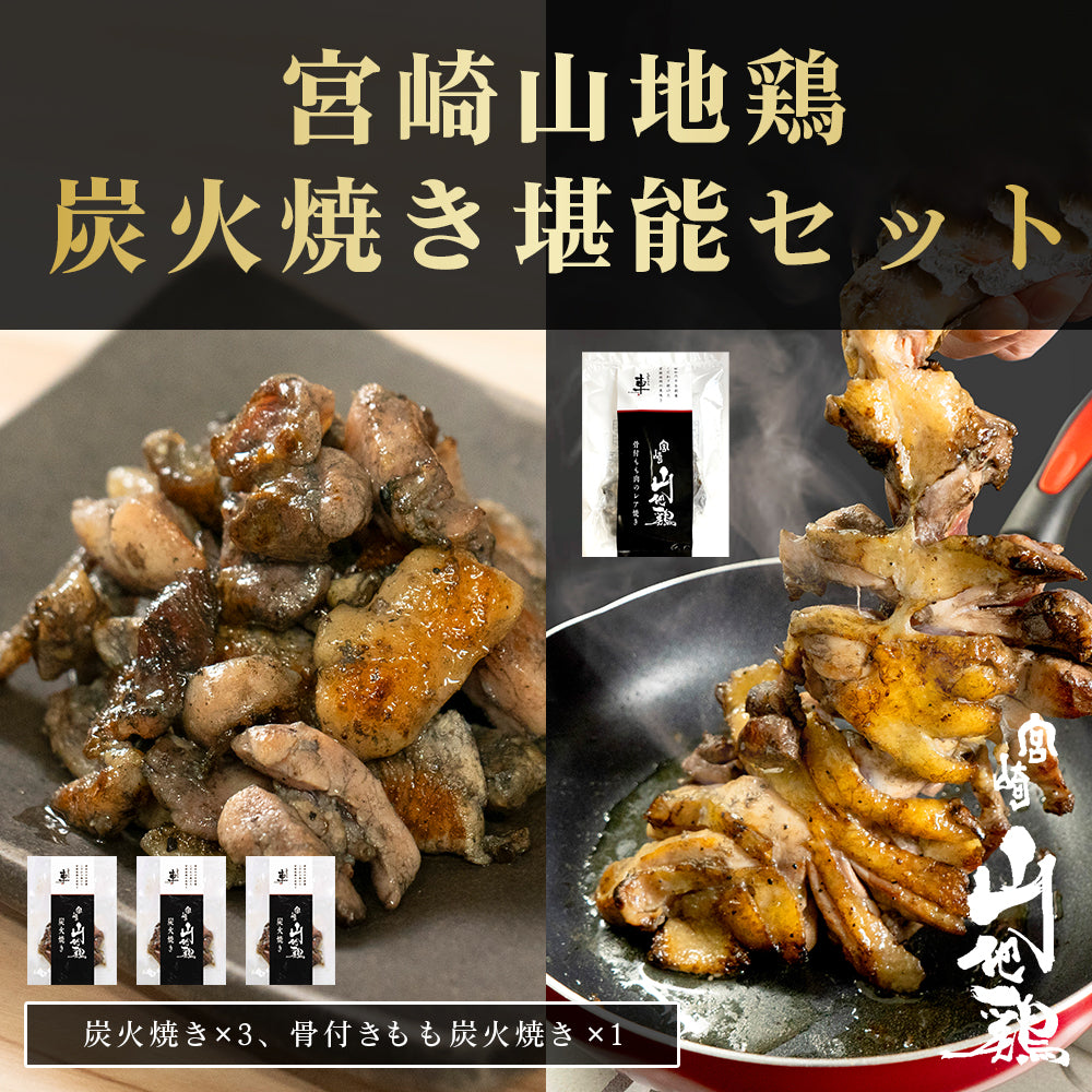 【送料無料】宮崎山地鶏 炭火焼き堪能セット【炭火焼3袋・骨付き1袋(合計4袋)セット】【冷凍便】