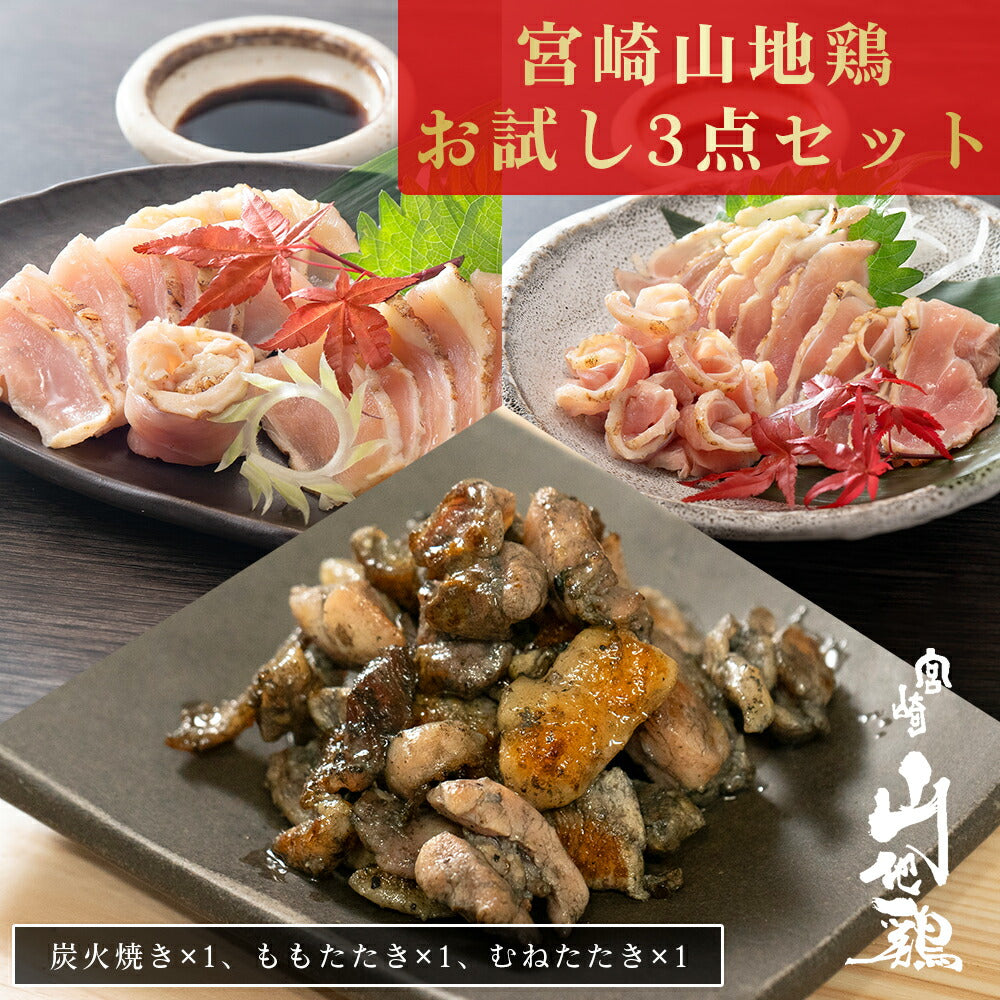 【送料無料】【各1袋/合計3袋】宮崎山地鶏 お試しセット【炭火焼き1袋、たたきもも1袋、たたきむね1袋】【クール冷凍便】